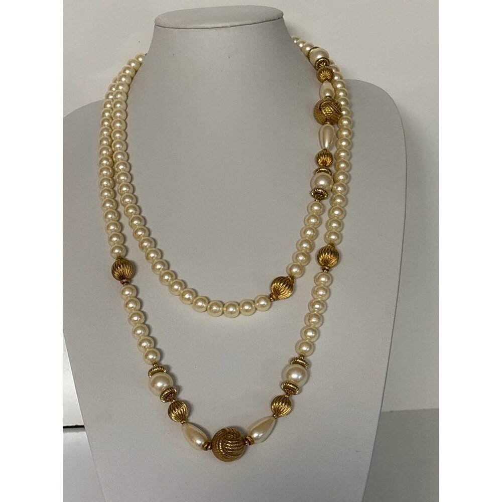 Vintage Faux Pearl Gold Tone Beads Long Necklace Classic Jewelry 58 in